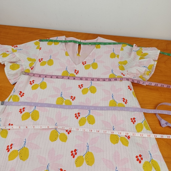 Pink Chicken Lemon Print Halsey Mini Dress Size S Women Tie Waist Metallic - Picture 12 of 13